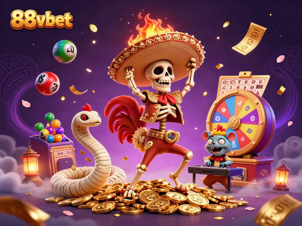 Engage with 88vbet's vibrant casino scene featuring a skeleton rooster, mummy snake, and DJ hamster.