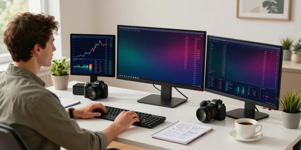 Person analyzing trading data on multiple screens in a modern home office at nordencore.ca.