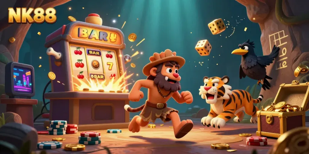 Navigating the thrill of NK88 with a fantasy scene showcasing a casino atmosphere filled with lively characters and game elements.