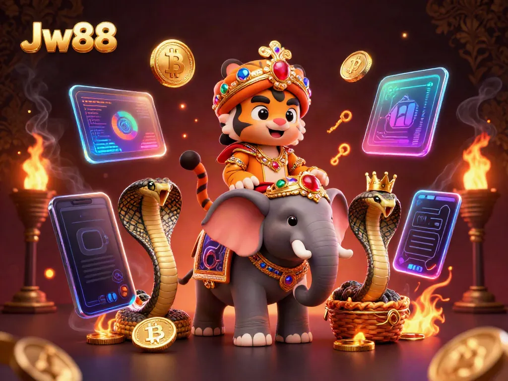 Experience the Jw88 thrill with a vibrant 3D casino scene featuring a majestic elephant and tiger.