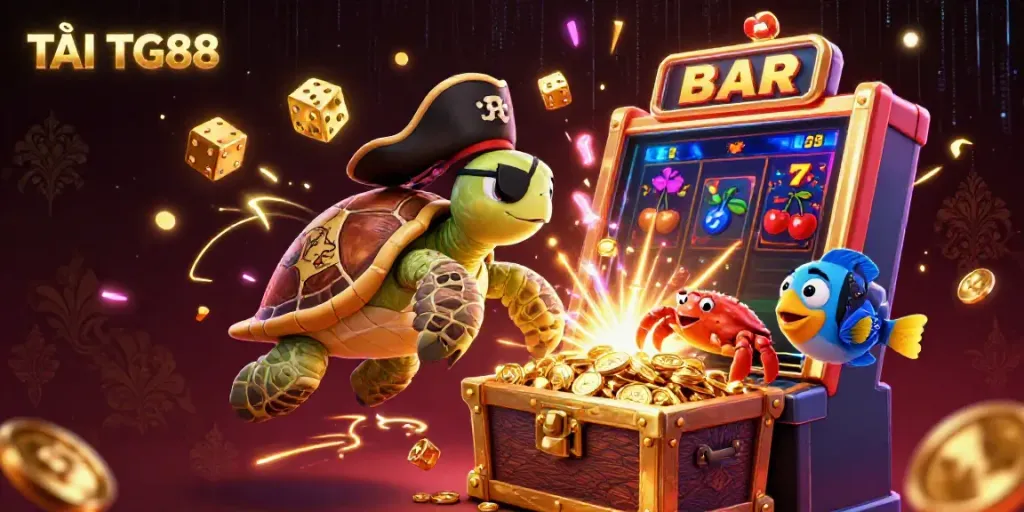 TẢI TG88 showcases vibrant casino elements with a pirate turtle and treasures, elevating your gaming adventure.