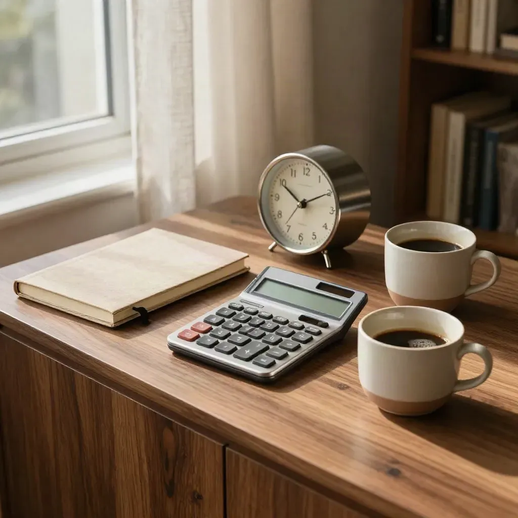 Sunlit tax planning setup with notebook, calculator, clock and two ceramic cups on walnut wood.