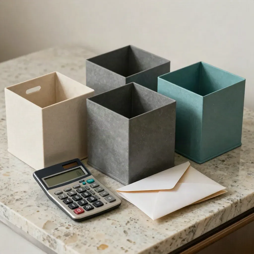 Top-down remittance tools with four caddies, calculator, and envelopes on pale stone