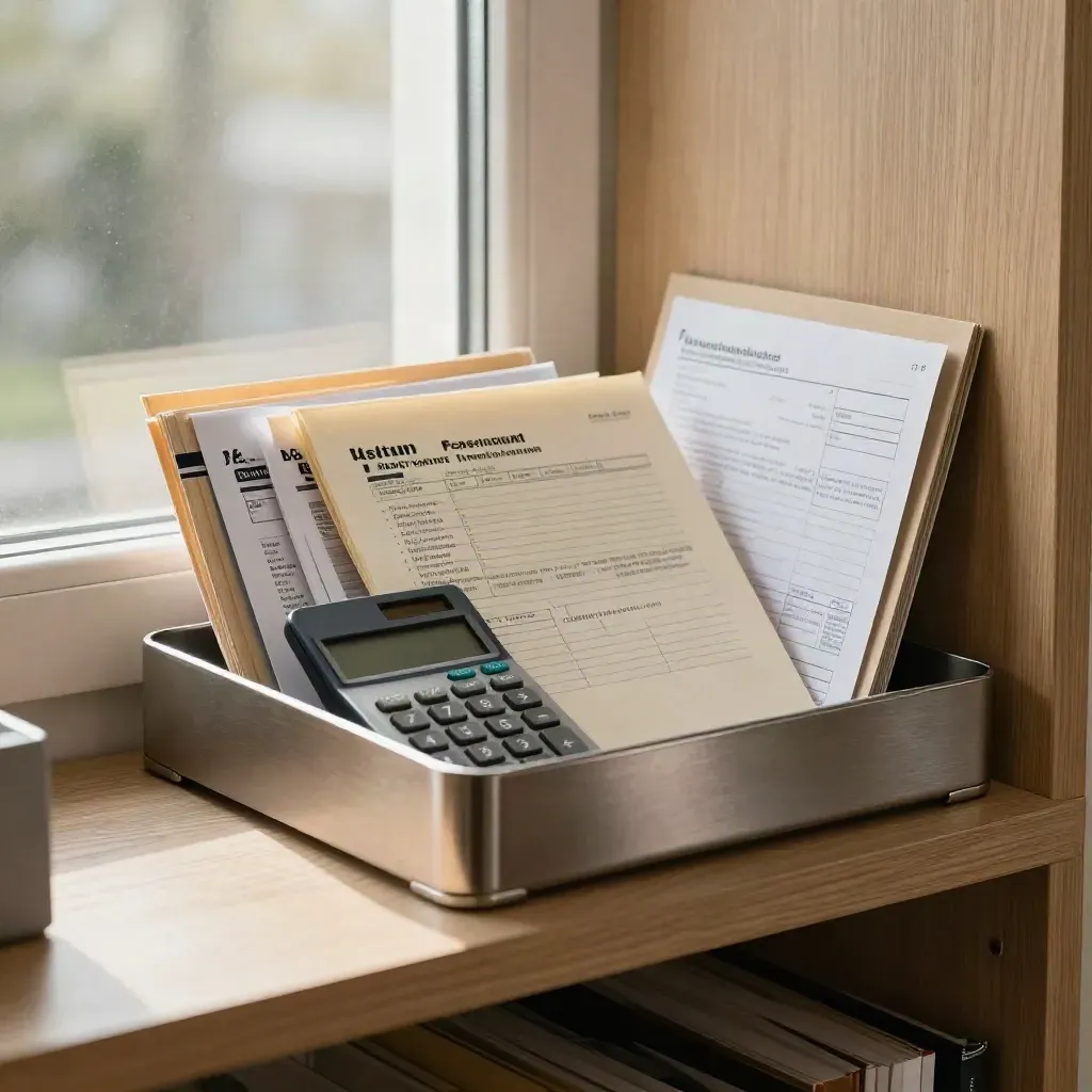Tax return packet on a condo shelf with calculator and archive tray in warm late-afternoon light