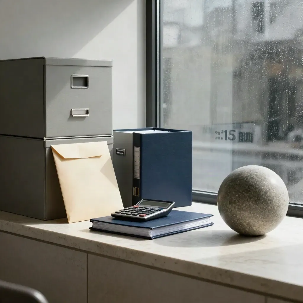 Tax filing alcove with boxes, calculator, binder and envelope on stone credenza.