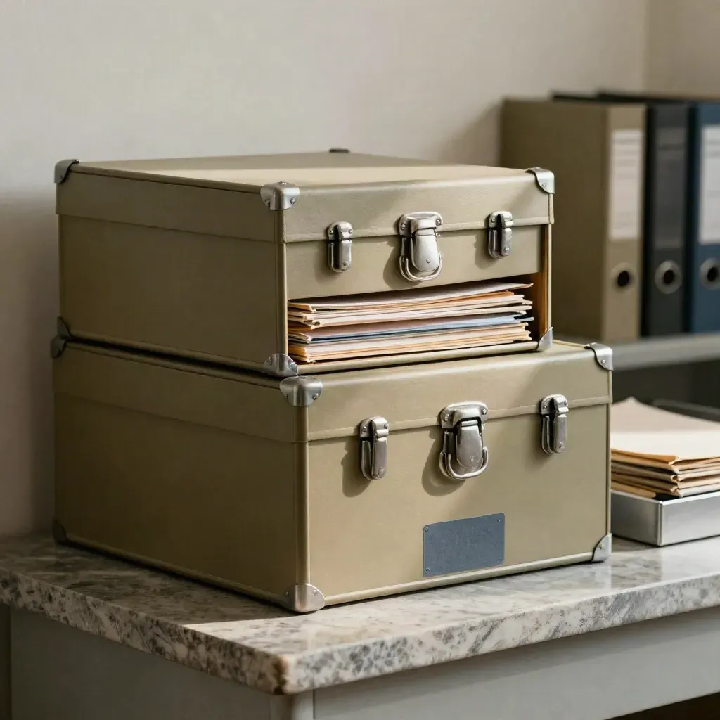 Locked audit archive boxes and evidence tray on stone, lit by a cool rim of daylight