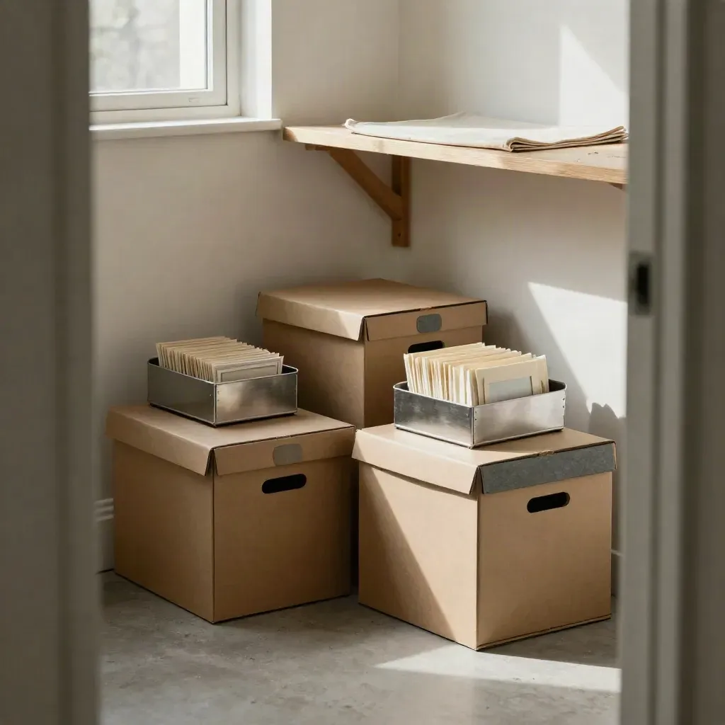 Archived tax boxes and a clear invoice tray in a warm reclaimed studio corner.