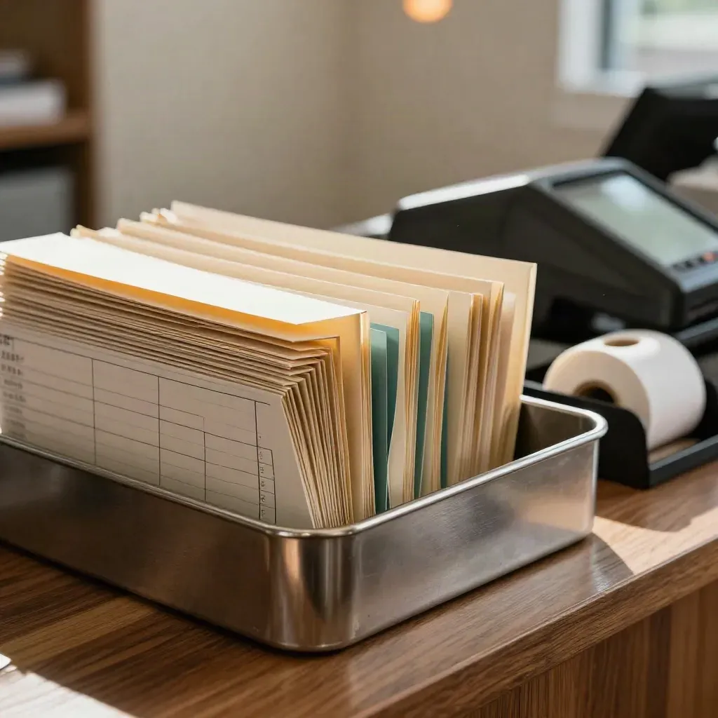 Macro of remittance folders beside a silent POS terminal on a tidy back-office counter.