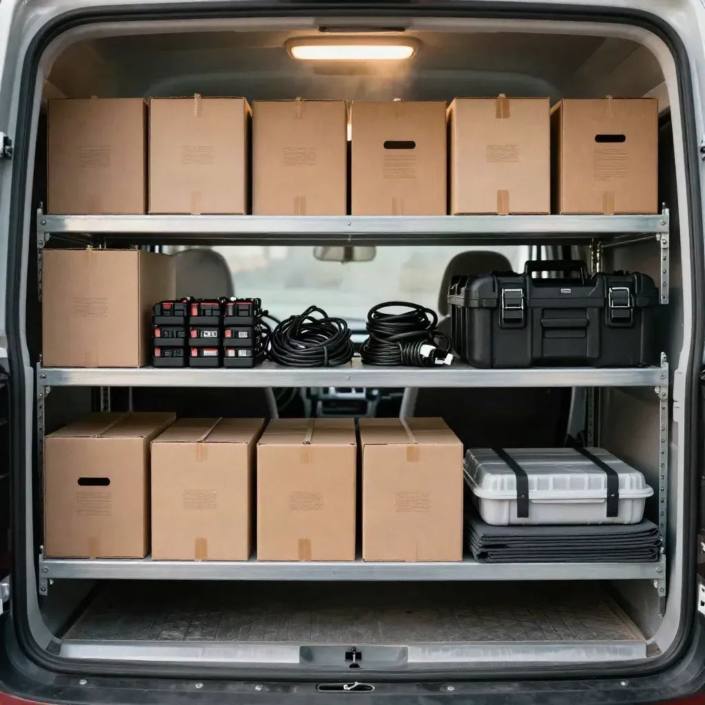 Organized contractor van shelves with receipt boxes, battery packs, and archive cases.