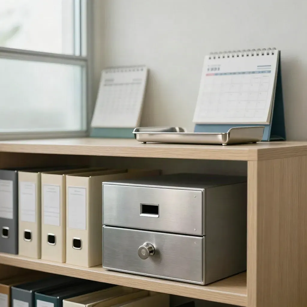 Clinic shelf with archive boxes and locked billing drawer in soft daylight
