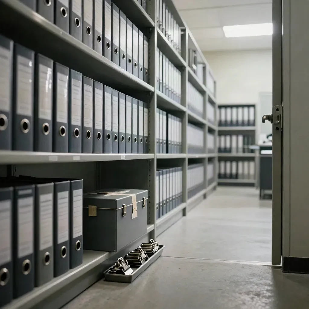 Low-angle records room with archive binders, sealed evidence box, and metal clips ready for audit.