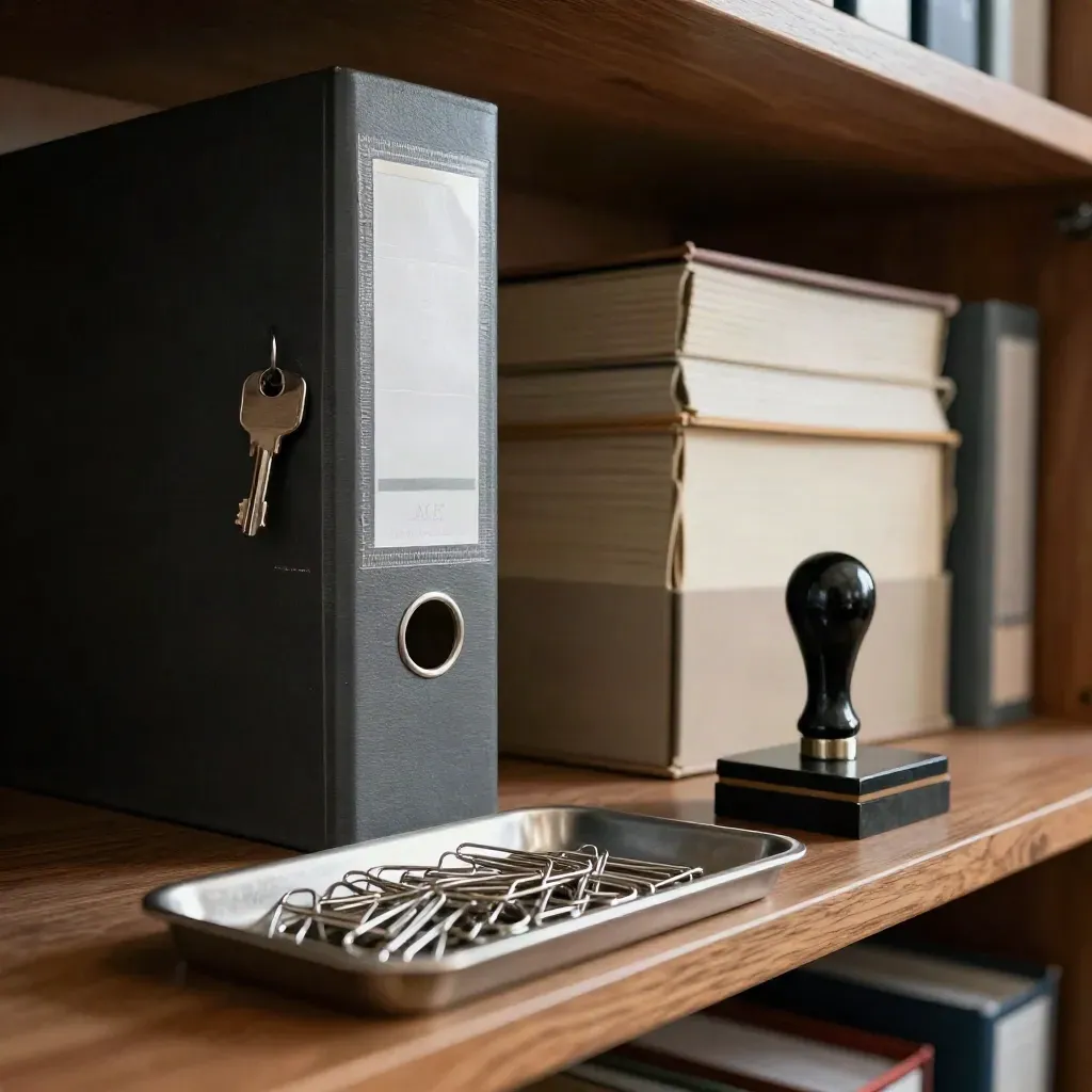 Archive binder, seal stamp and paper clips on stone in a corporate tax workspace.