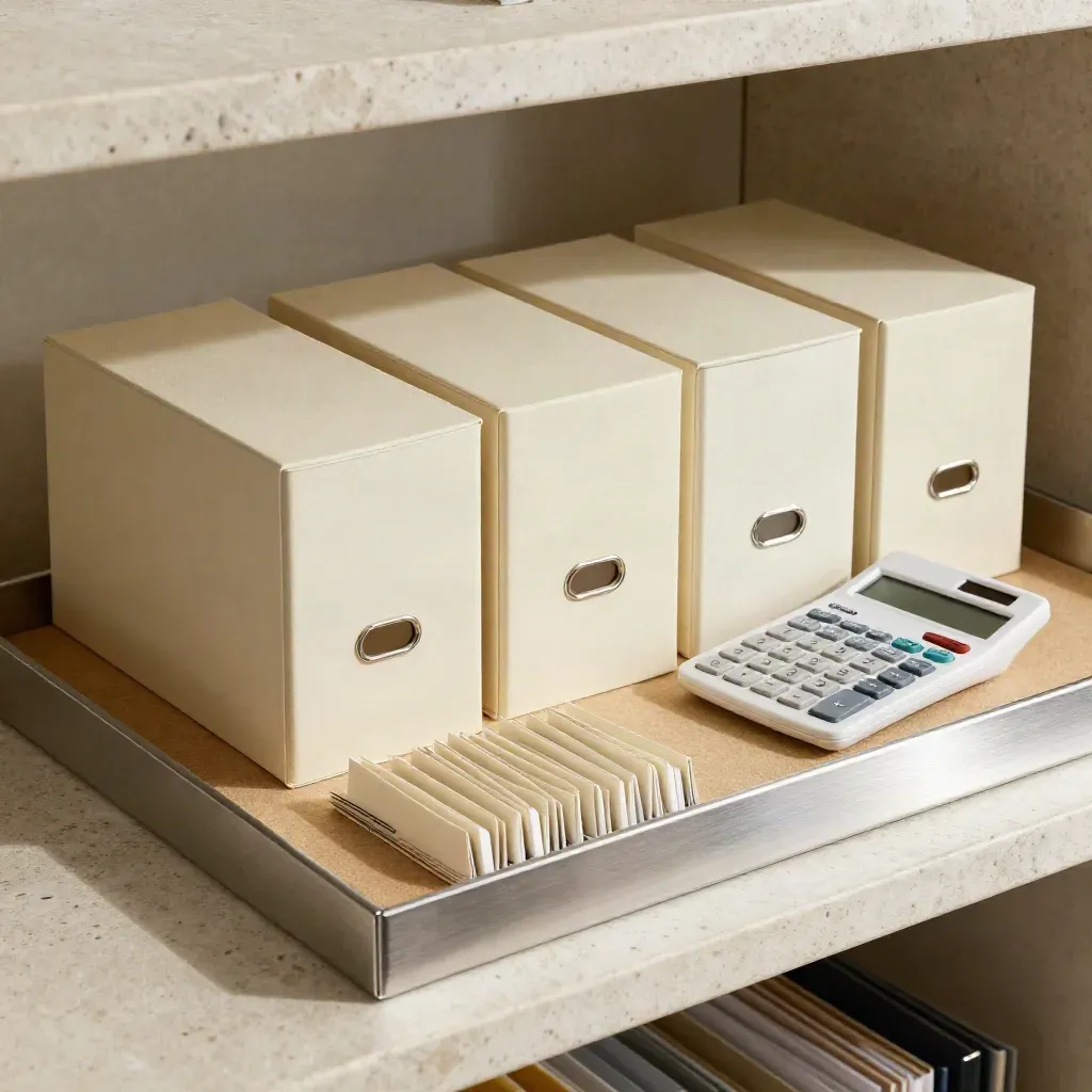 Quarterly tax remittance tray with file boxes, calculator, and index tabs on a stone shelf.