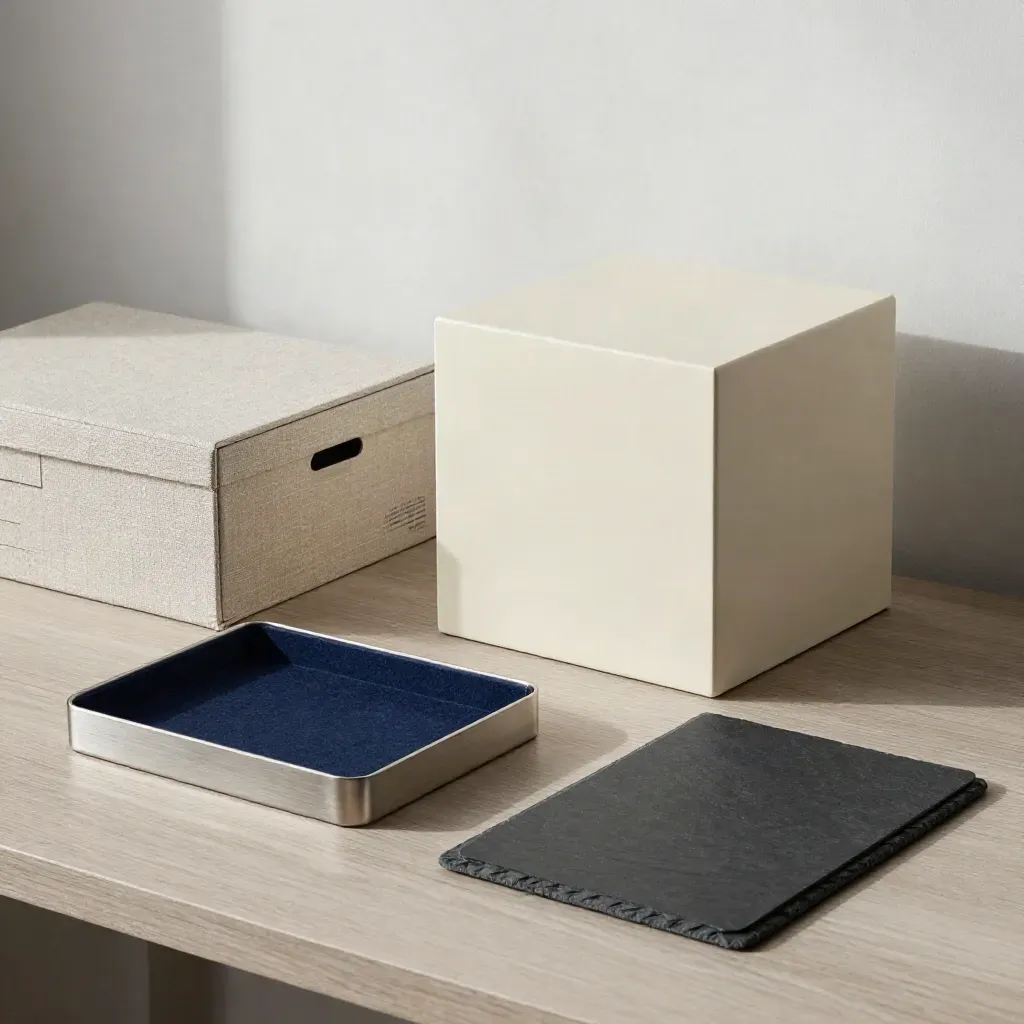 Calendar cube, reminder tray, archive box, and face-down folder on pale ash wood