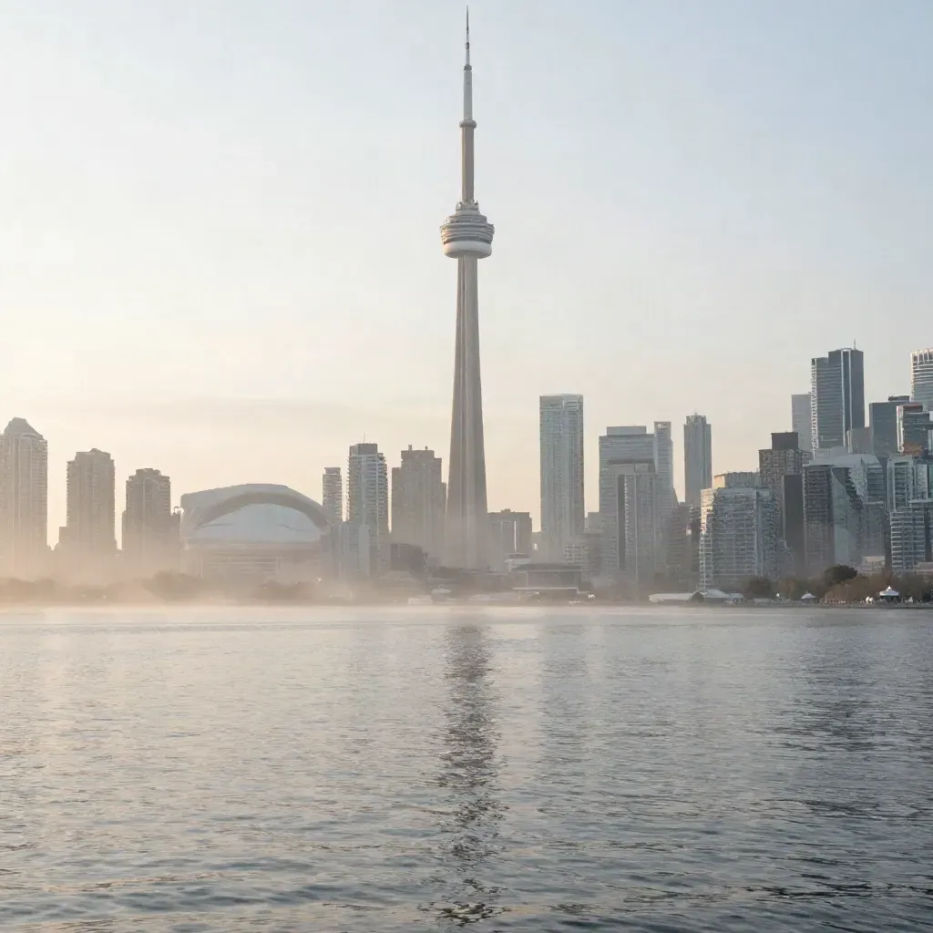 Toronto skyline and CN Tower emerging from morning mist above calm lake water