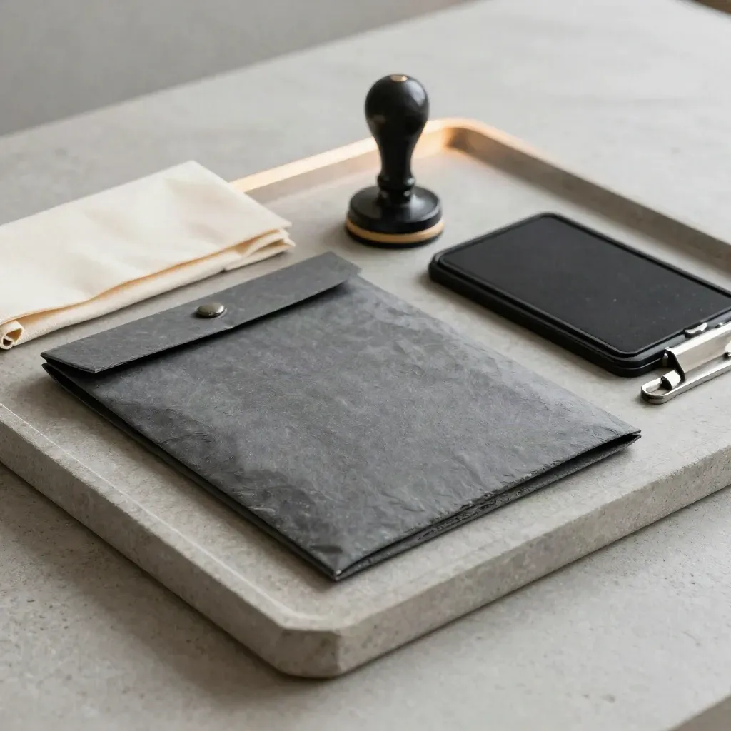 Sealed courier file pouch, approval stamp, and archive clip on a stone tray