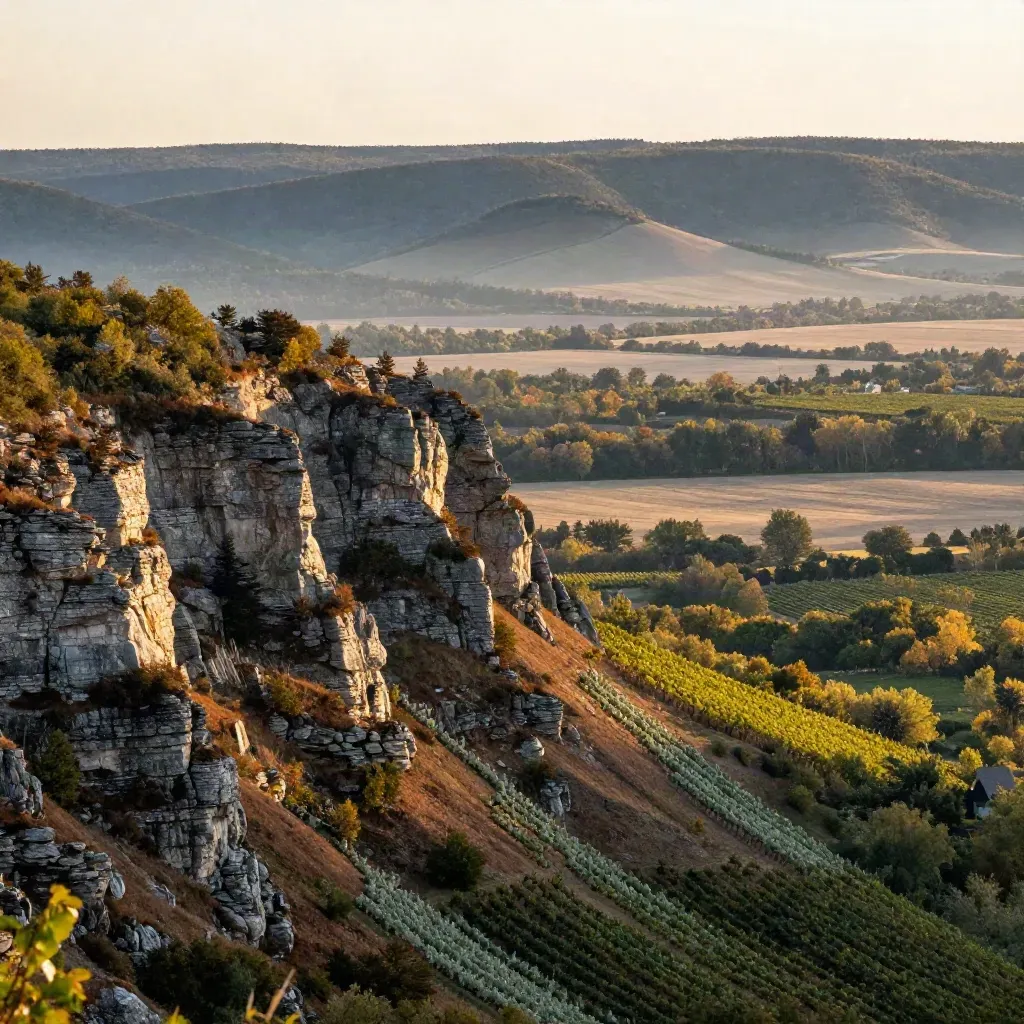 Niagara Escarpment over vineyard rows and pale fields in warm golden haze