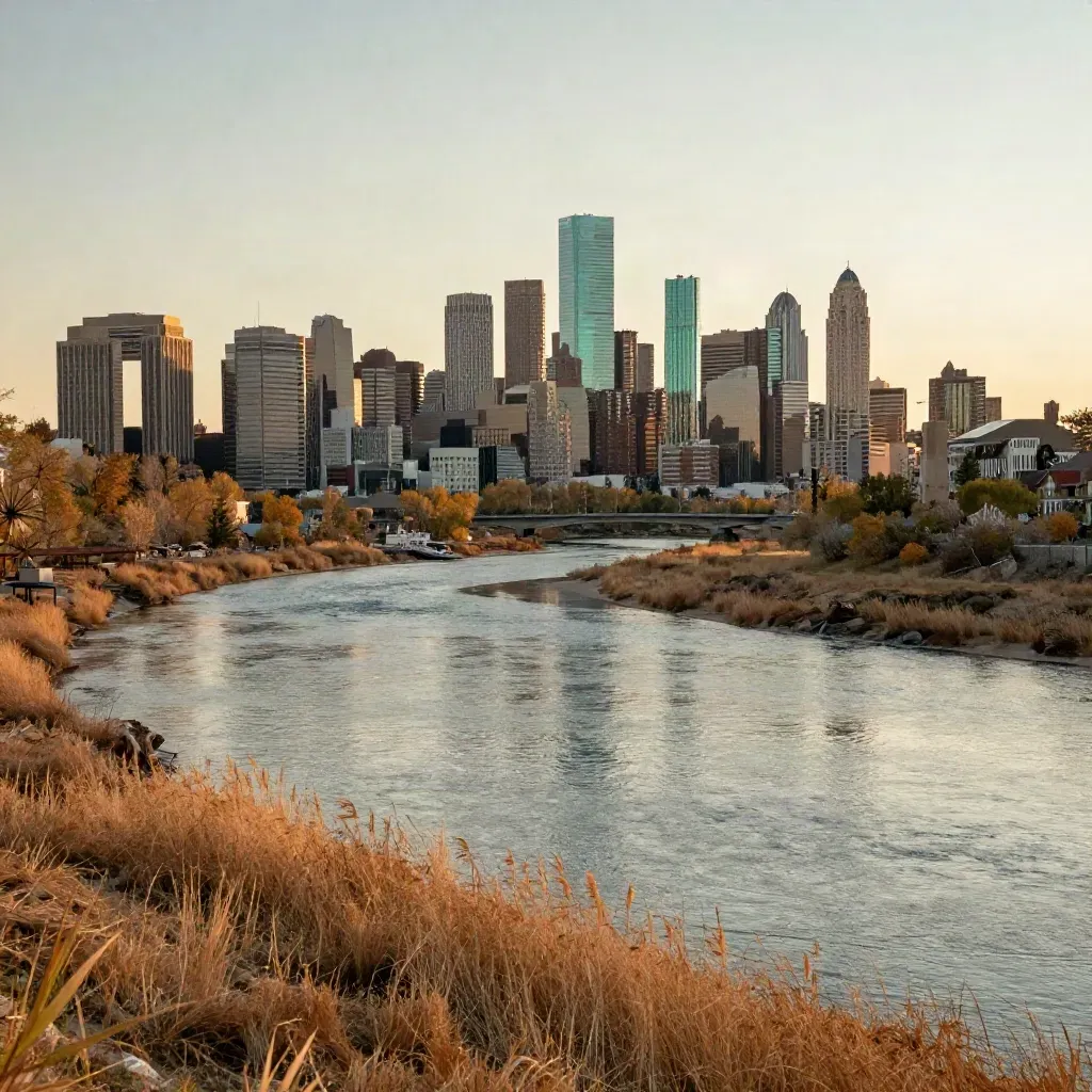 Calgary skyline above the Bow River at golden hour with calm open space below