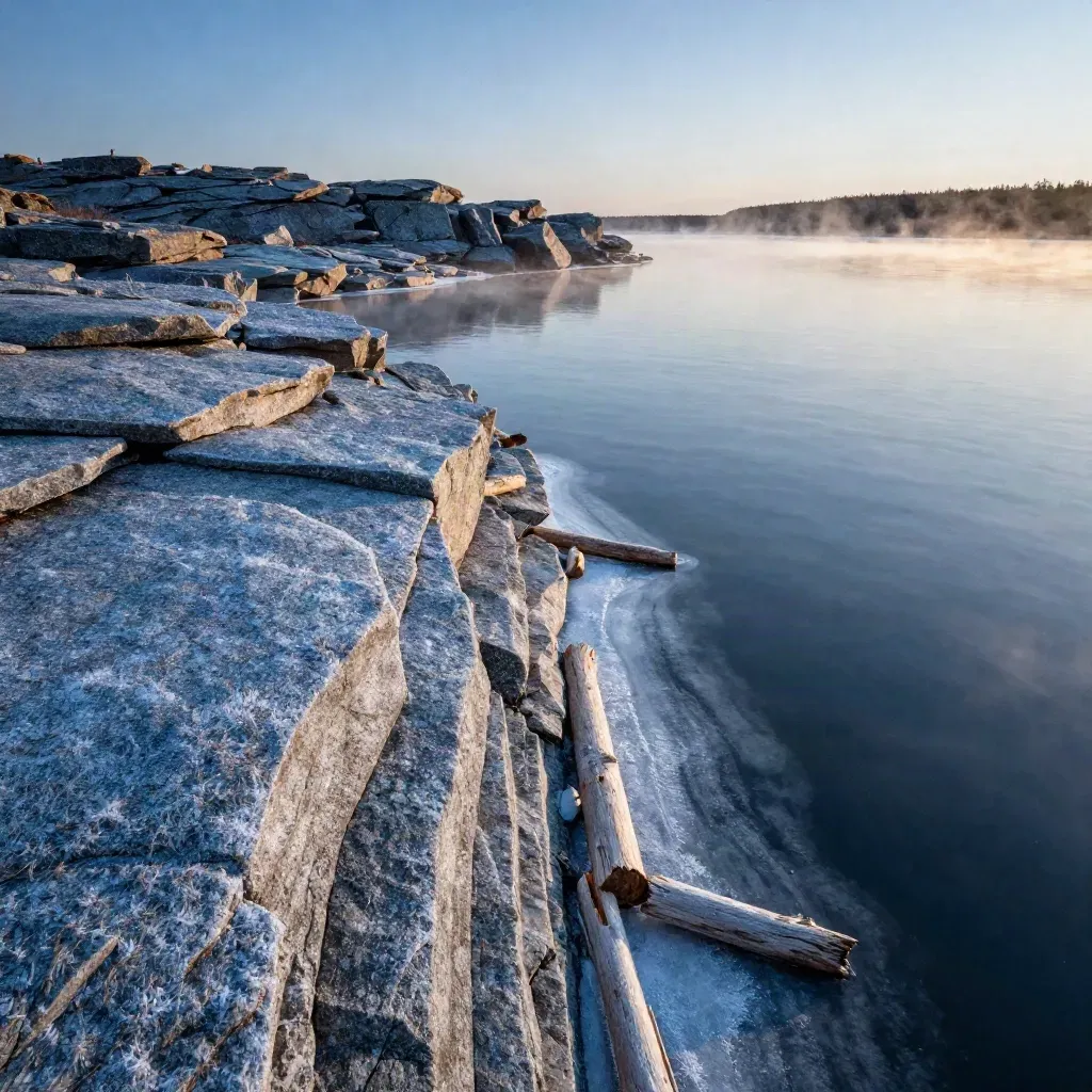 Frost-blue granite shoreline above a still boreal lake in winter mist