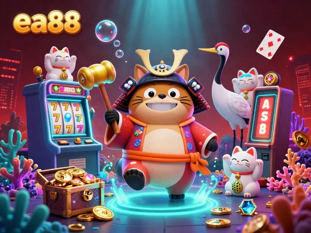 Celebrate winning with ea88-themed casino fun featuring cheerful tanuki, samurai crane, and lucky cats.