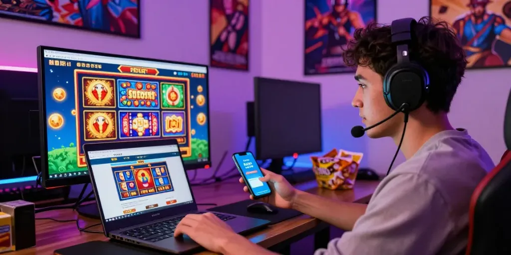 Seorang pemain kangtoto sedang menikmati permainan slot online dengan fokus tinggi di ruang bermain yang cerah dan penuh warna.